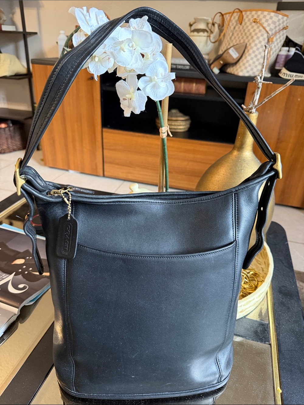 Coach Black Leather Shoulder Hobo Bag with Gold-Tone Hardware